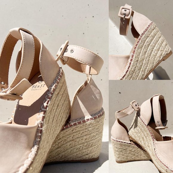 NEW Sand Nude Faux Leather Ankle Buckle Strap Espadrille Platform Wedge Sandals - Picture 11 of 13